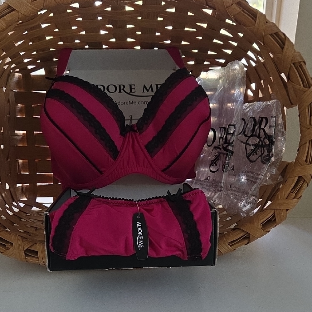 Adore Me Bra/Bikini Panties Set 42DD BRA & MEDIUM LACE TRIMMED BIKINI PANTIES